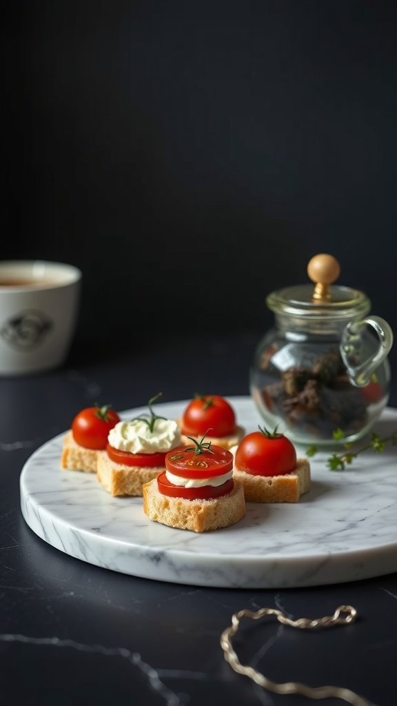 Tea sandwiches featuring herbed goat cheese and tomato on a platter.