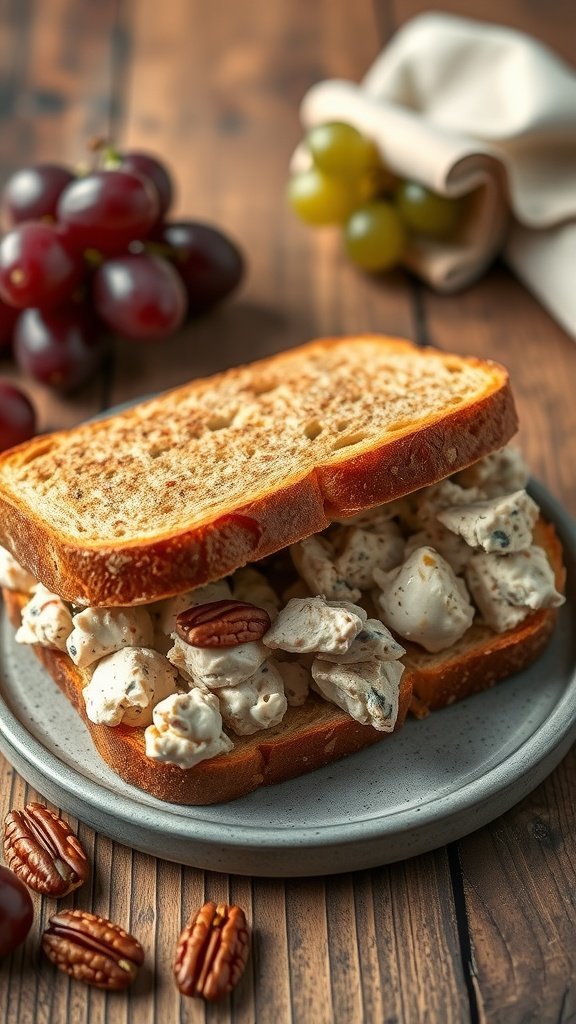 A delicious chicken salad sandwich filled with grapes and pecans, served on toasted bread.