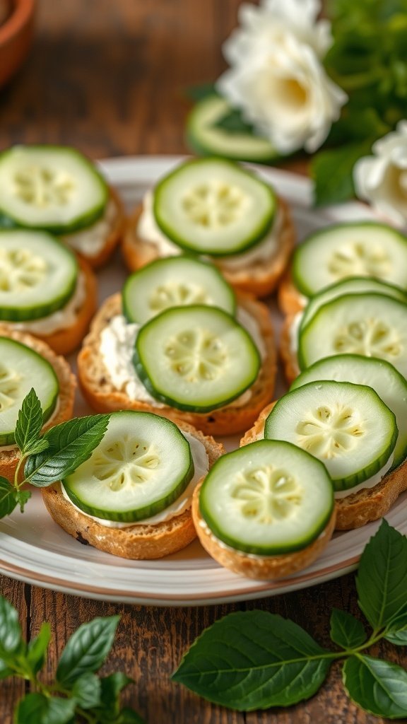 Classic cucumber sandwiches arranged on a plate.