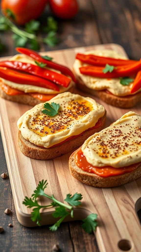 Hummus and roasted red pepper spread on bread