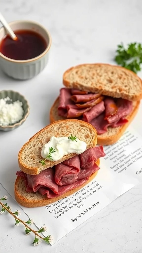 A delicious roast beef sandwich with horseradish cream on whole grain bread.