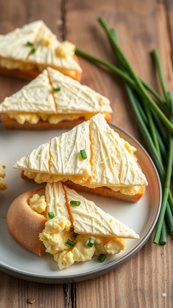 Delicious egg salad tea sandwiches arranged on a plate, garnished with fresh chives.