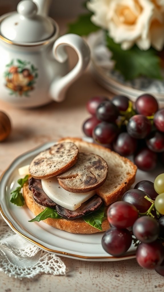 Mushroom and Brie tea sandwiches on a plate with grapes