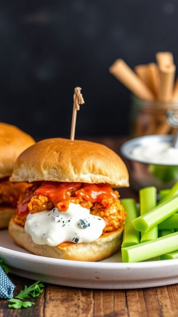 Delicious spicy buffalo chicken sliders with dipping sauce and celery sticks