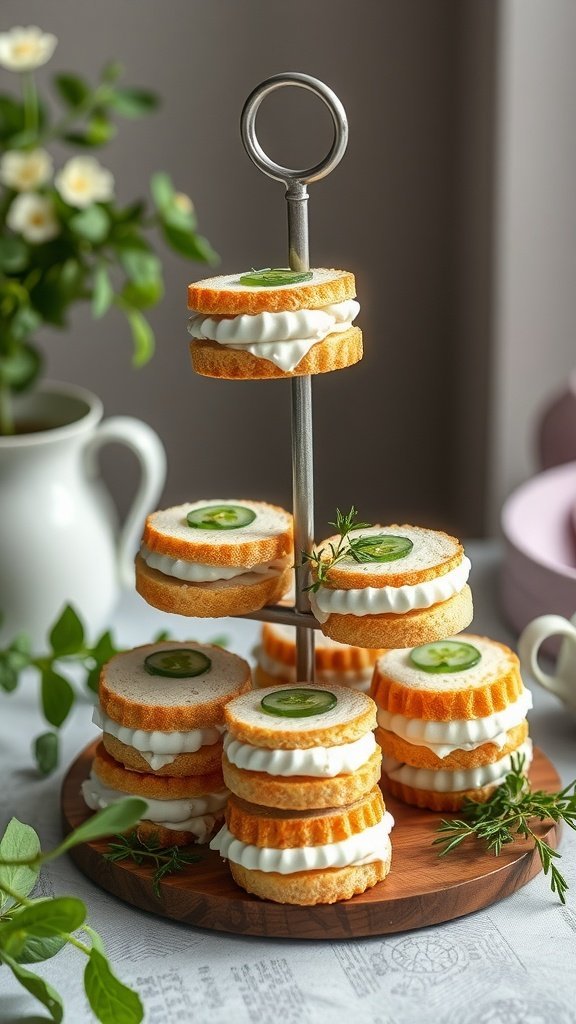 Zucchini and feta spread on bread slices topped with herbs.