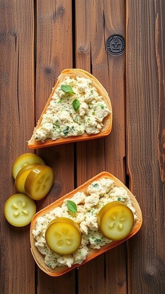 Tuna salad and dill pickle sandwiches on a wooden surface