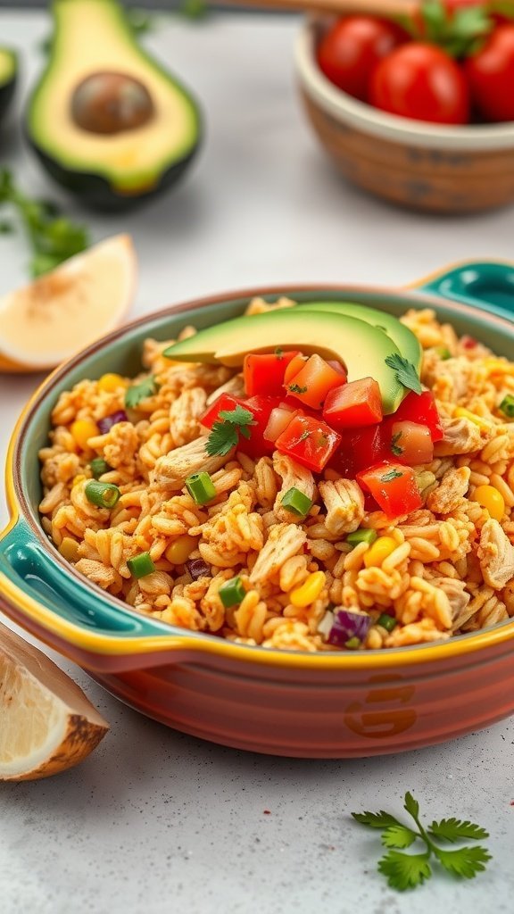 A colorful Tex-Mex Chicken and Rice Casserole with fresh toppings