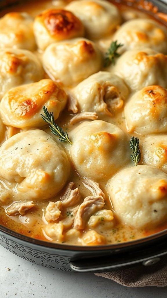 A hearty Southern Chicken and Dumplings Casserole with fluffy dumplings and shredded chicken in a creamy sauce, garnished with herbs.