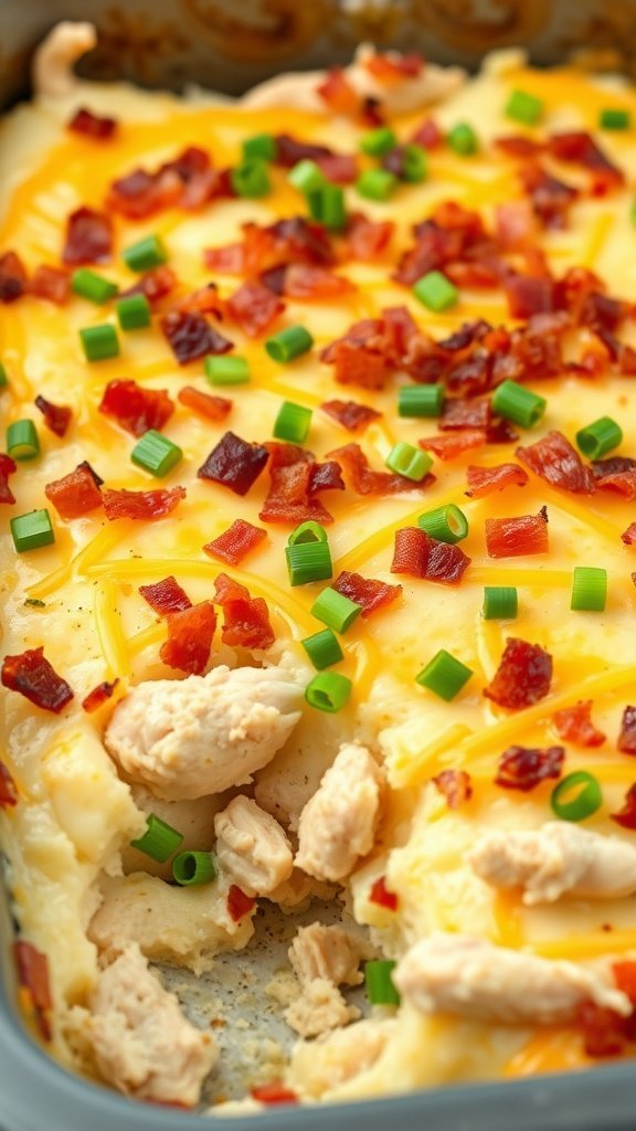 A delicious loaded chicken and mashed potato casserole topped with cheese, bacon, and green onions.