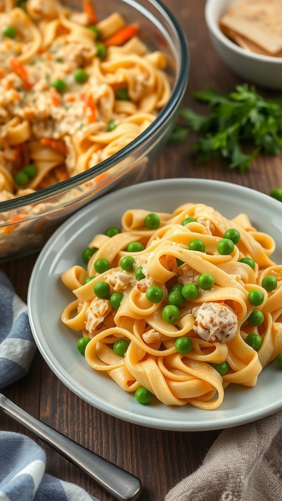 A plate of classic chicken noodle casserole with green peas, served on a rustic wooden table.