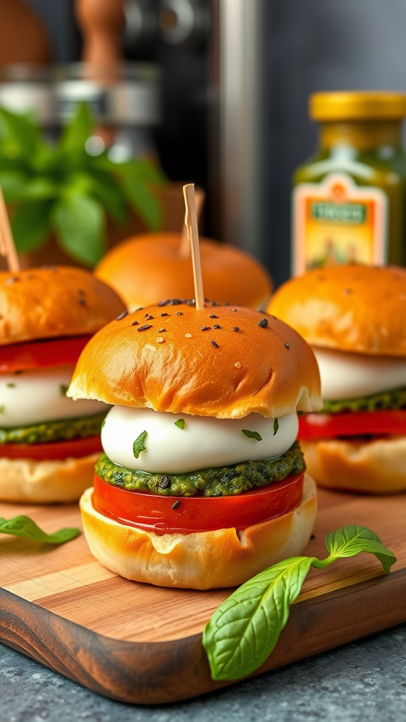 Three Caprese sliders with pesto on a bed of basil leaves, surrounded by fresh tomatoes.