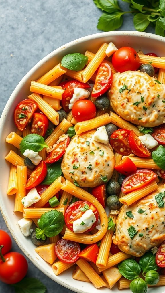 A colorful and delicious Pasta Primavera Chicken Casserole featuring chicken, pasta, and vibrant vegetables.