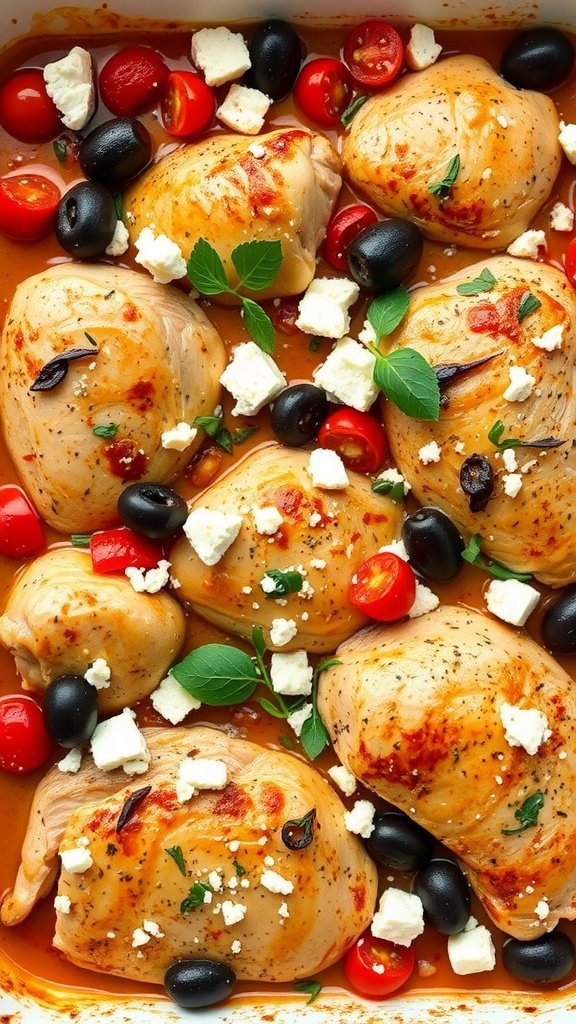 A Mediterranean Chicken Casserole with chicken, tomatoes, olives, and feta cheese.