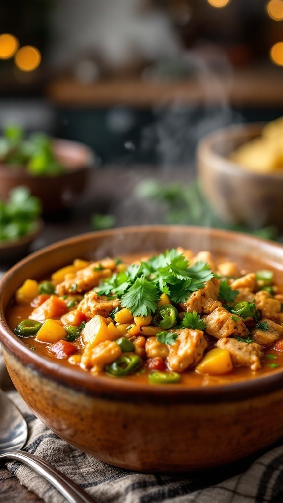 A bowl of spicy roasted poblano chicken chili garnished with cilantro, served in a rustic kitchen.