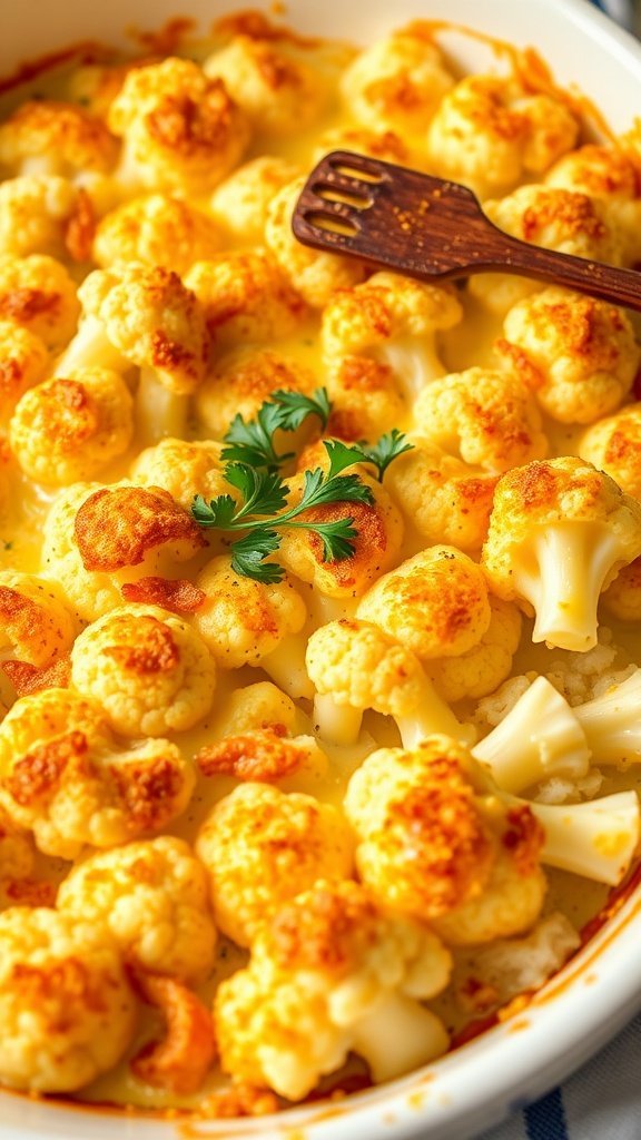 A delicious cheesy cauliflower casserole with a golden top