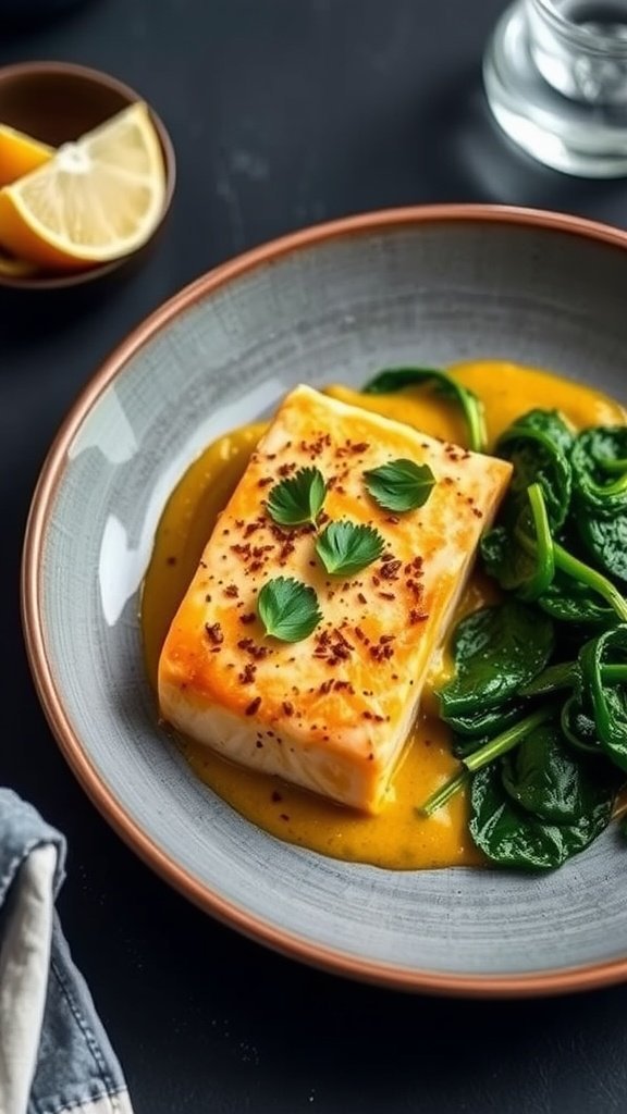 A plate featuring coconut curry salmon with spinach and lime.