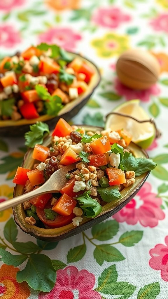 Keto taco salad served in avocado bowls with colorful vegetables and toppings.