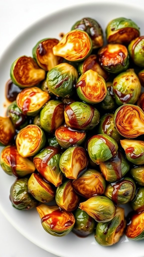 Deliciously glazed Brussels sprouts with balsamic reduction on a plate.