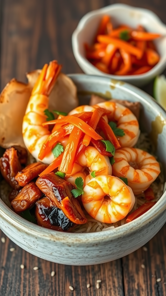 A bowl of Korean BBQ shrimp with kimchi served over noodles, garnished with green onions.