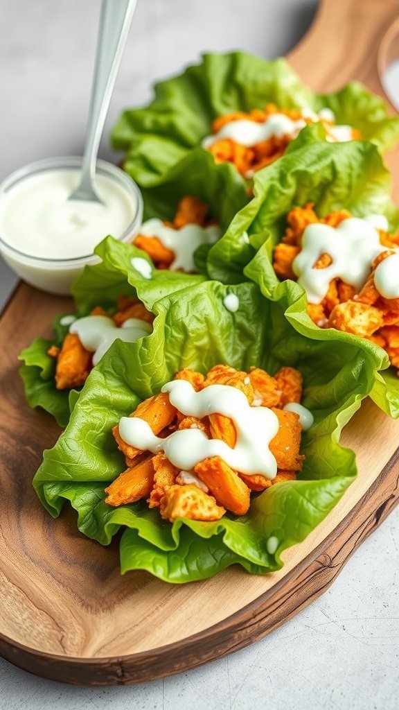 Buffalo Chicken Lettuce Wraps served on a wooden platter with ranch dressing