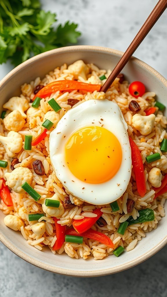 A bowl of cauliflower fried rice topped with a fried egg, garnished with green onions and red pepper