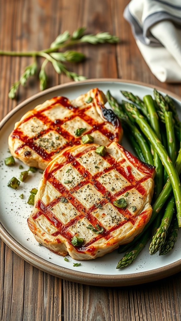 Herbed pork chops served with asparagus on a plate.