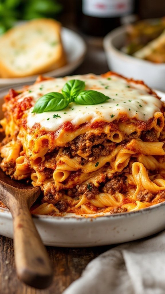 A delicious baked ziti with ground beef and melted cheese, garnished with basil, served with garlic bread.