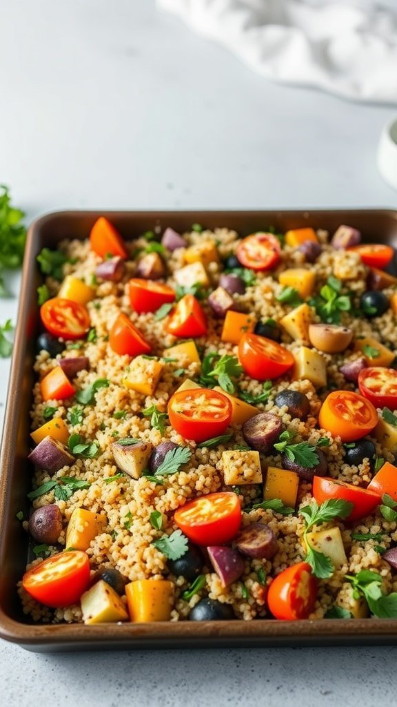 A vibrant Mediterranean quinoa and veggie bake featuring tomatoes, zucchini, bell peppers, and eggplant.