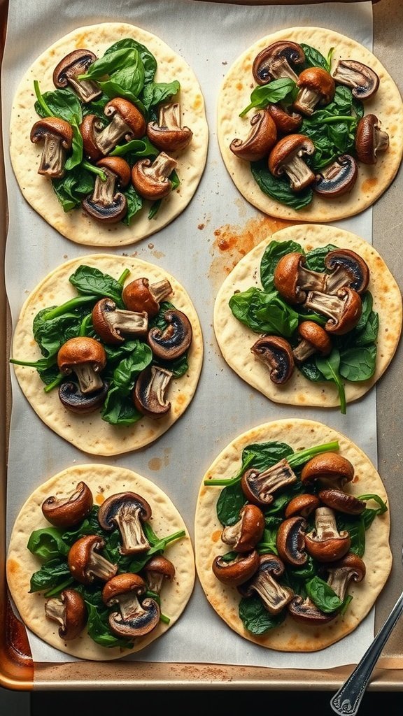 Savory mushroom and spinach flatbreads on a baking sheet.