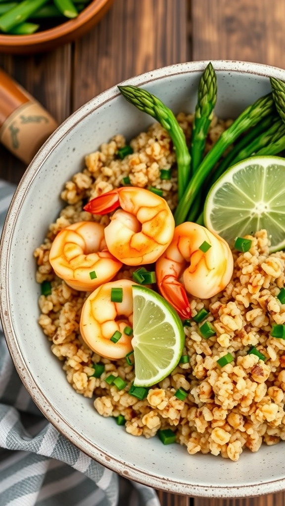 A bowl of Lemongrass Shrimp with Quinoa garnished with fresh herbs and lemon.