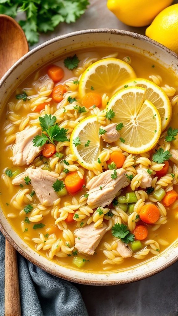 A bowl of lemon chicken orzo soup with chicken, orzo, carrots, and parsley, garnished with lemon slices.