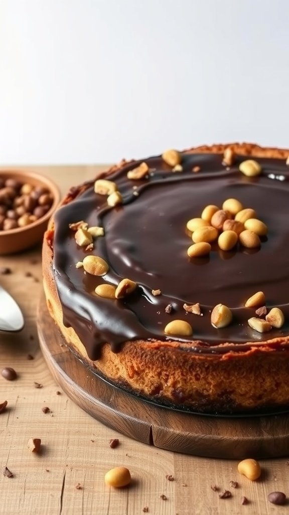 Chocolate Hazelnut Cheesecake topped with chocolate and hazelnuts