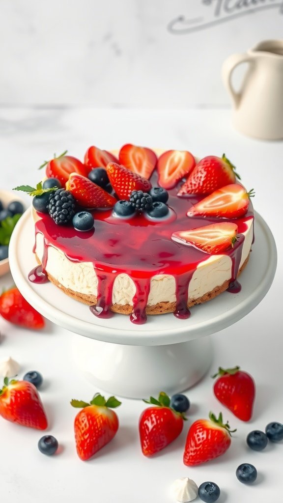 A vibrant Berry Bliss Cheesecake topped with fresh strawberries, blueberries, and a glossy berry glaze.