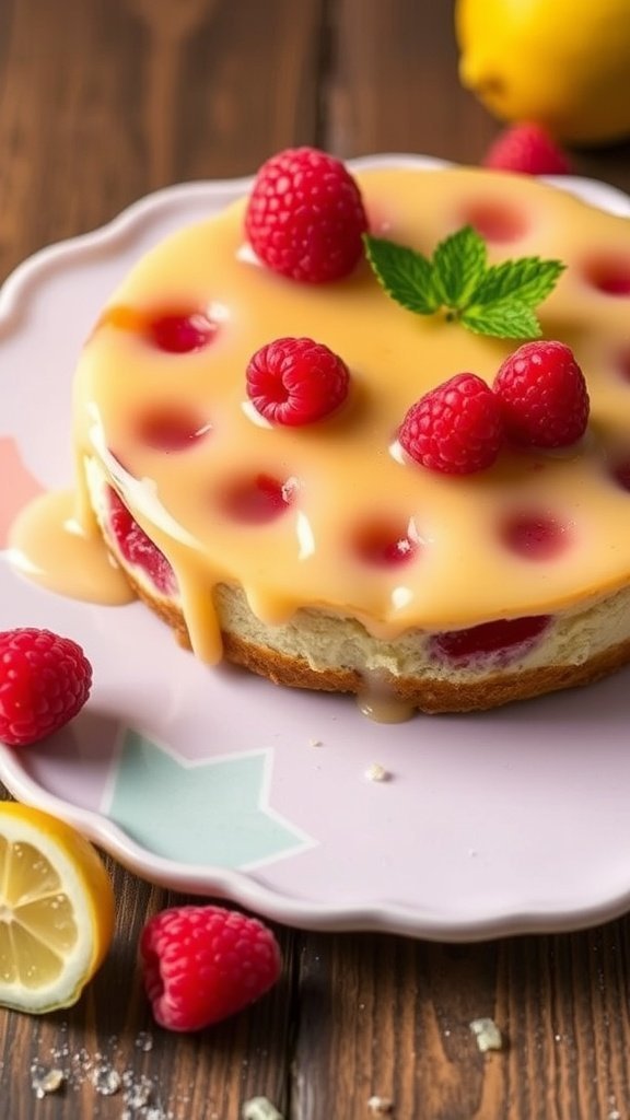 A vibrant raspberry lemon upside-down cheesecake with a glossy topping and fresh raspberries.