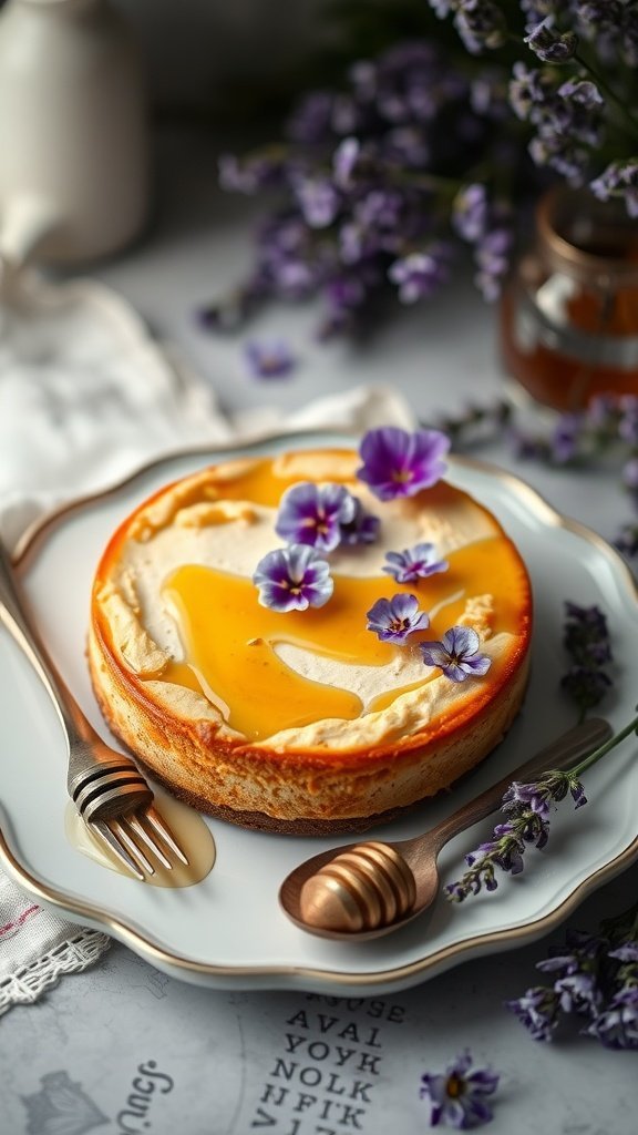 Lavender-infused cheesecake with honey drizzle and edible flowers