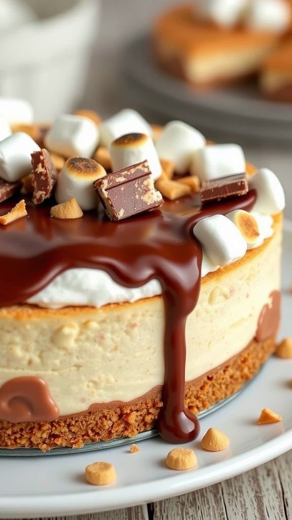 A delicious S'mores inspired cheesecake with toasted marshmallows and chocolate.