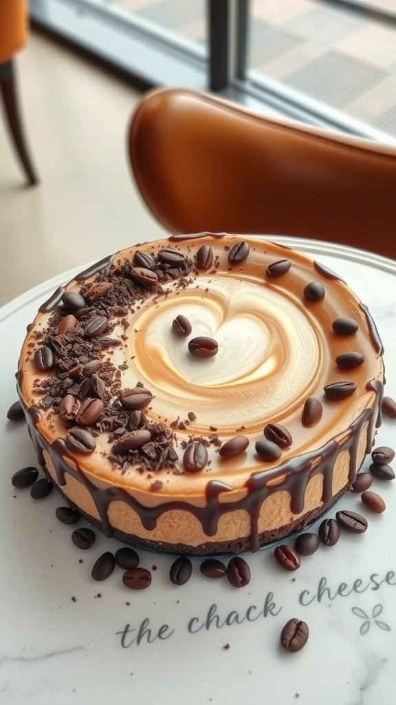 Delicious espresso mocha upside-down cheesecake decorated with chocolate and coffee beans.