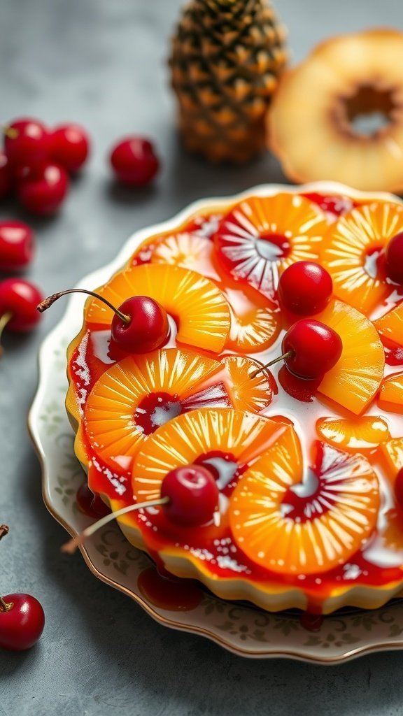 A beautifully arranged tropical pineapple upside-down cheesecake with cherries.