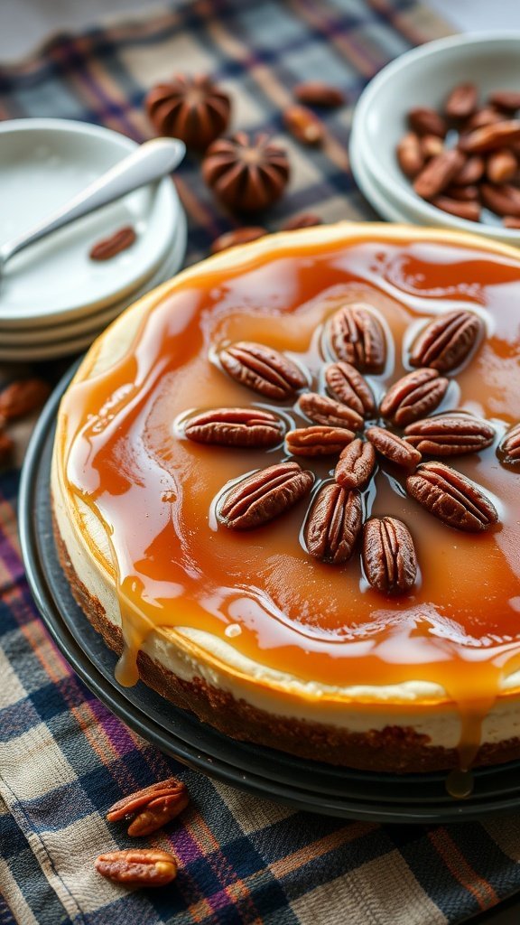 Pumpkin spice upside-down cheesecake decorated with pecans and autumn leaves