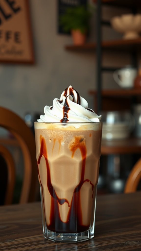 A glass of Mocha Iced Espresso with whipped cream and chocolate drizzle on top