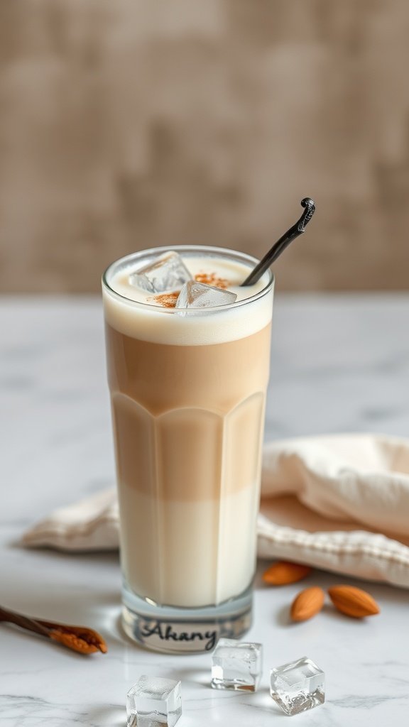 A refreshing iced vanilla latte in a tall glass with ice and a spoon.