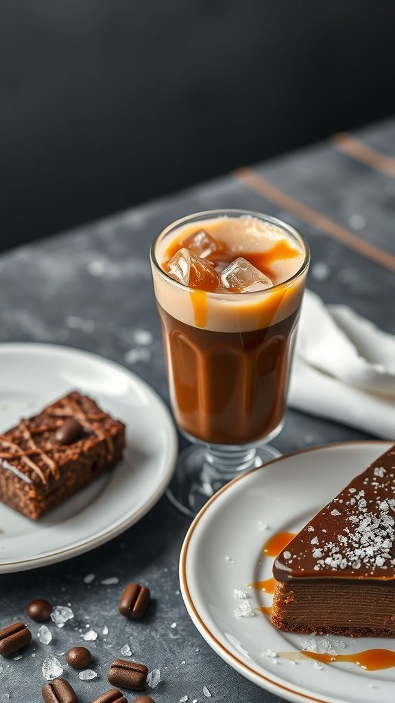 A glass of Caramel Iced Espresso with ice cubes and a drizzle of caramel sauce, garnished with sea salt.