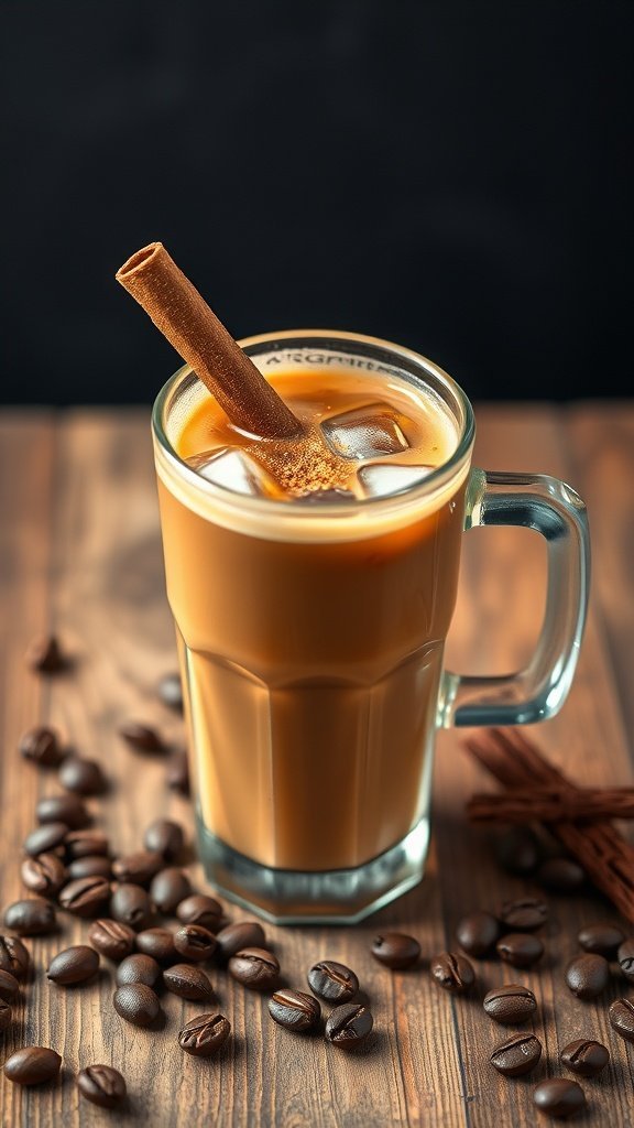 A glass of spiced iced espresso with a cinnamon stick, surrounded by coffee beans.