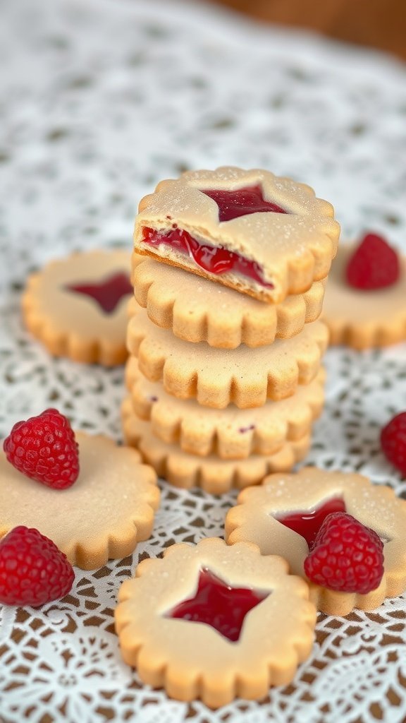 Raspberry Almond Linzer Cookies stacked with fresh raspberries