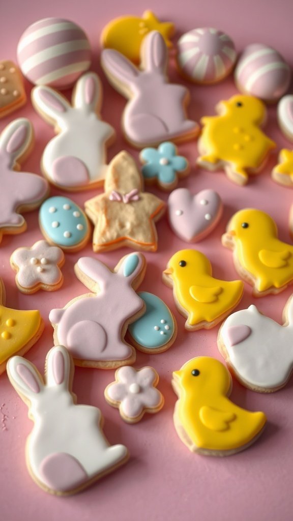 Colorful pastel sugar cookies in various Easter shapes