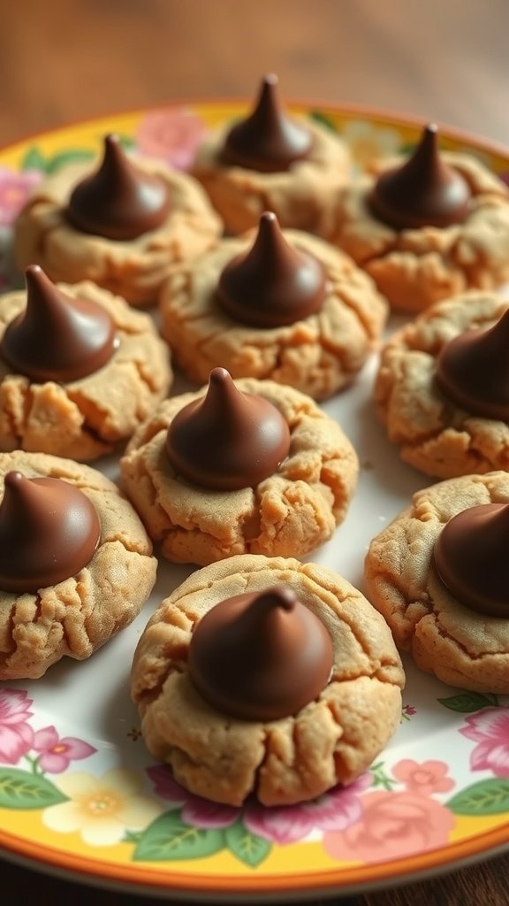 Peanut Butter Blossom Cookies on a floral plate, topped with chocolate kisses.