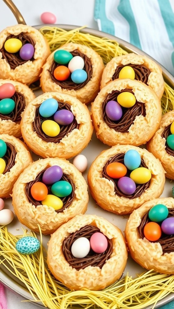 Plate of colorful chocolate chip cookies with Easter eggs