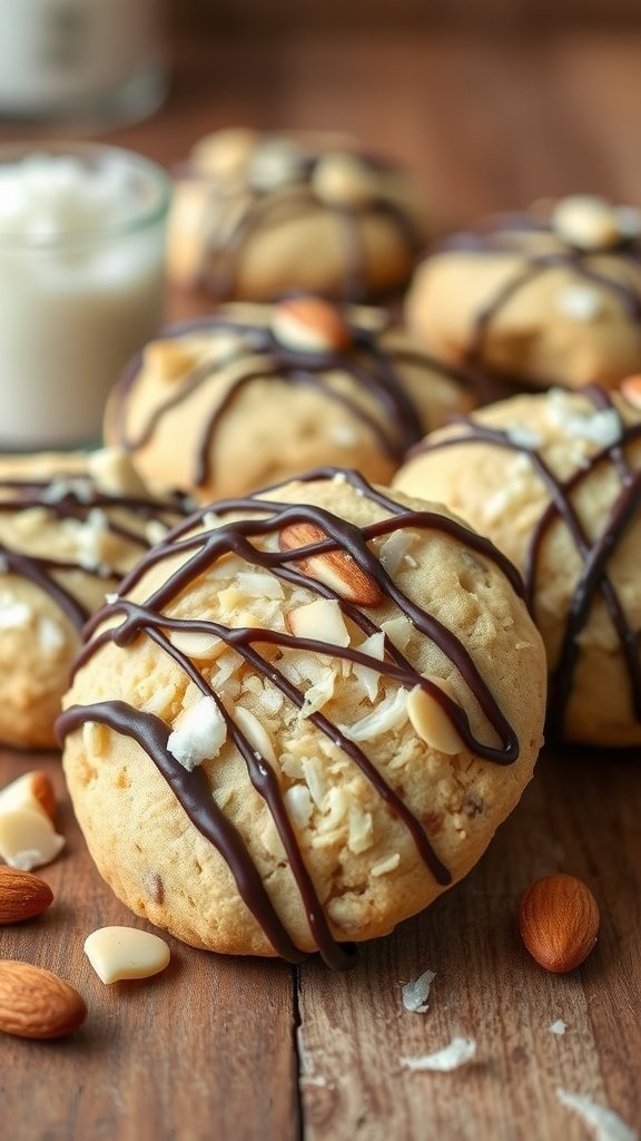 Almond Joy Cookies with chocolate drizzle, almonds, and coconut