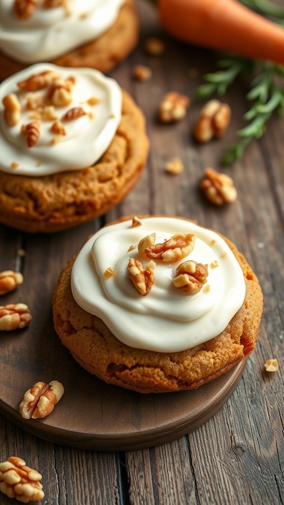 Carrot cake cookies topped with cream cheese frosting and walnuts