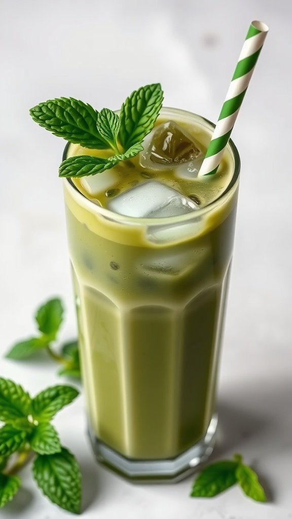 A refreshing iced matcha latte garnished with mint leaves.